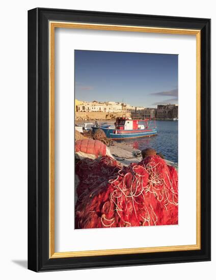 Fishing boats and fishing net at the port, old town, Gallipoli, Lecce province, Salentine Peninsula-Markus Lange-Framed Photographic Print