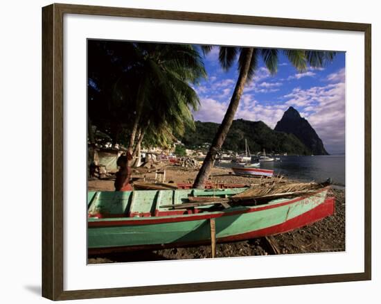 Fishing Boats at Soufriere Beach, with the Pitons in the Background, St. Lucia, West Indies-Yadid Levy-Framed Photographic Print
