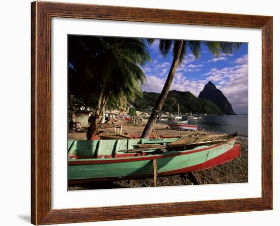 Fishing Boats at Soufriere Beach, with the Pitons in the Background, St. Lucia, West Indies-Yadid Levy-Framed Photographic Print