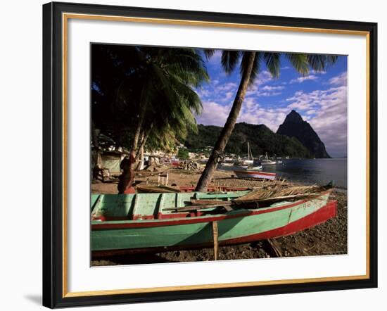 Fishing Boats at Soufriere Beach, with the Pitons in the Background, St. Lucia, West Indies-Yadid Levy-Framed Photographic Print