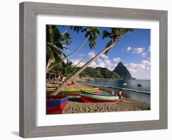 Fishing Boats at Soufriere with the Pitons in the Background, West Indies, Caribbean-Yadid Levy-Framed Photographic Print