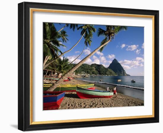 Fishing Boats at Soufriere with the Pitons in the Background, West Indies, Caribbean-Yadid Levy-Framed Photographic Print