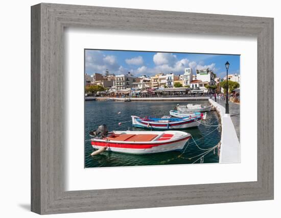 Fishing boats at the promenade of Voulismeni Lake, Agios Nikolaos, Lasithi, Crete, Greek Islands-Markus Lange-Framed Photographic Print