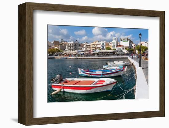 Fishing boats at the promenade of Voulismeni Lake, Agios Nikolaos, Lasithi, Crete, Greek Islands-Markus Lange-Framed Photographic Print