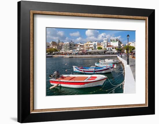 Fishing boats at the promenade of Voulismeni Lake, Agios Nikolaos, Lasithi, Crete, Greek Islands-Markus Lange-Framed Photographic Print