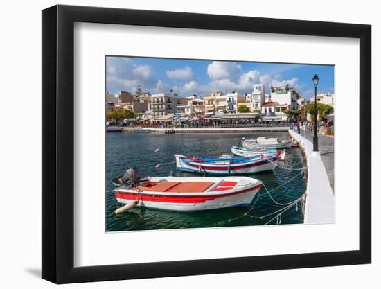 Fishing boats at the promenade of Voulismeni Lake, Agios Nikolaos, Lasithi, Crete, Greek Islands-Markus Lange-Framed Photographic Print