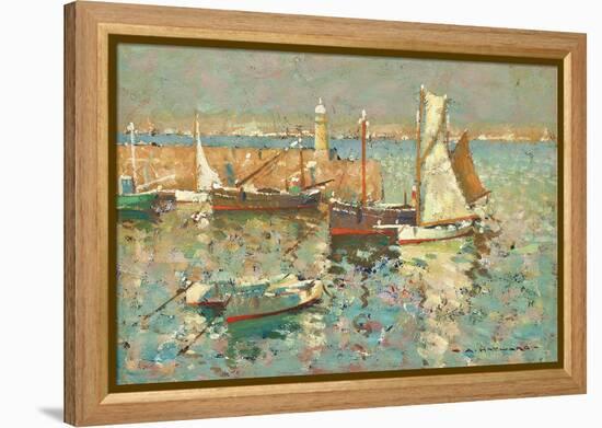 Fishing Boats by the Harbour Wall, St Ives-Arthur Hayward-Framed Stretched Canvas