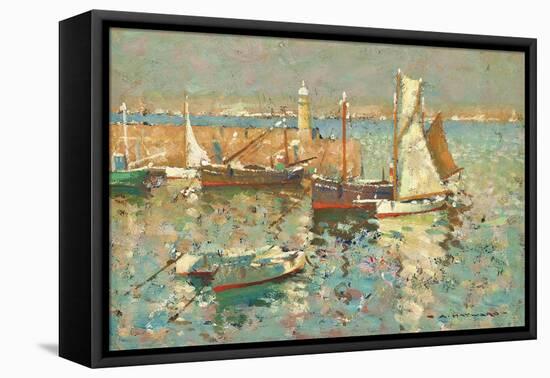 Fishing Boats by the Harbour Wall, St Ives-Arthur Hayward-Framed Stretched Canvas