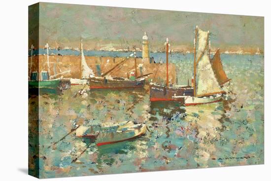 Fishing Boats by the Harbour Wall, St Ives-Arthur Hayward-Framed Stretched Canvas