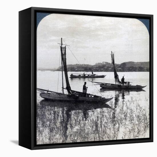 Fishing Boats Coming Home at Sunset, Near Yokohama, Japan, 1904-Underwood & Underwood-Framed Premier Image Canvas