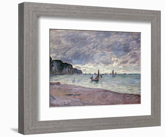 Fishing Boats in Front of the Beach and Cliffs of Pourville, 1882-Claude Monet-Framed Giclee Print