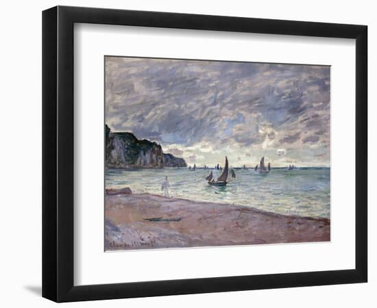 Fishing Boats in Front of the Beach and Cliffs of Pourville, 1882-Claude Monet-Framed Giclee Print