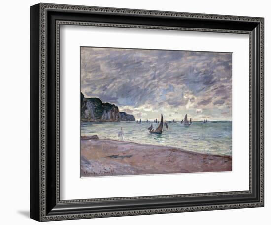 Fishing Boats in Front of the Beach and Cliffs of Pourville, 1882-Claude Monet-Framed Giclee Print