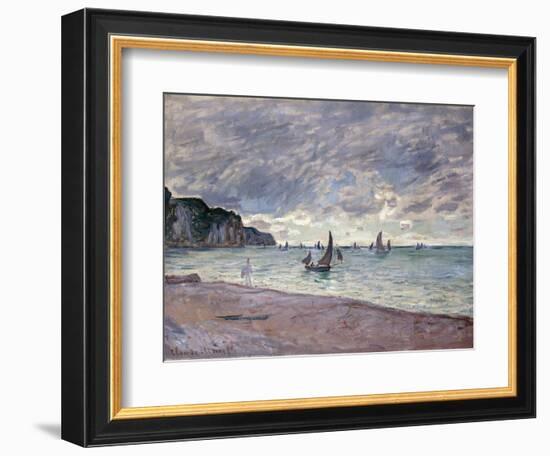 Fishing Boats in Front of the Beach and Cliffs of Pourville, 1882-Claude Monet-Framed Giclee Print