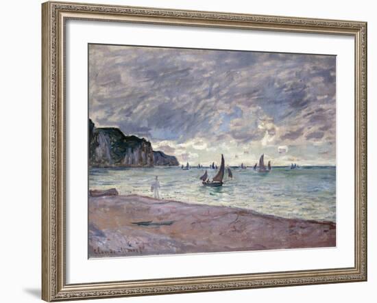 Fishing Boats in Front of the Beach and Cliffs of Pourville, 1882-Claude Monet-Framed Giclee Print