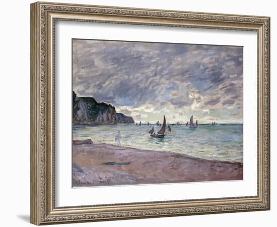 Fishing Boats in Front of the Beach and Cliffs of Pourville, 1882-Claude Monet-Framed Giclee Print