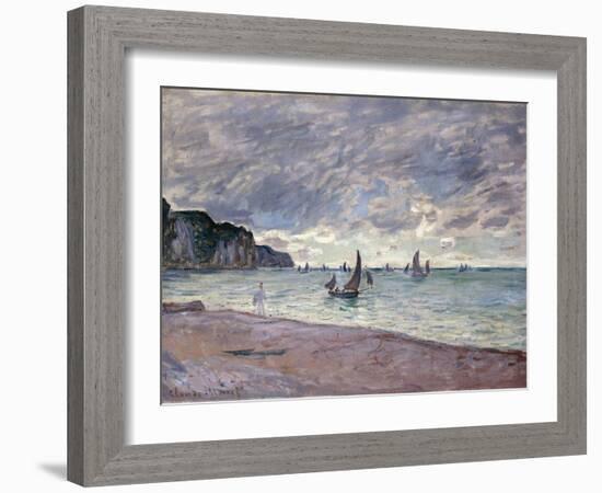 Fishing Boats in Front of the Beach and Cliffs of Pourville, 1882-Claude Monet-Framed Giclee Print