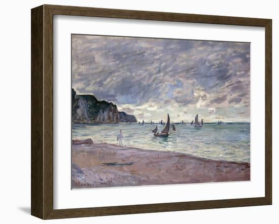 Fishing Boats in Front of the Beach and Cliffs of Pourville, 1882-Claude Monet-Framed Giclee Print