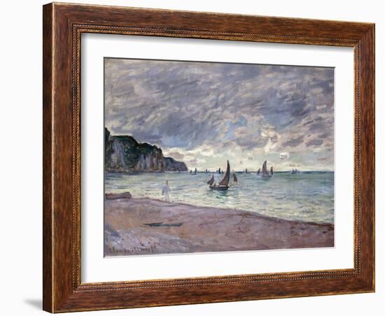 Fishing Boats in Front of the Beach and Cliffs of Pourville, 1882-Claude Monet-Framed Giclee Print