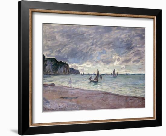 Fishing Boats in Front of the Beach and Cliffs of Pourville, 1882-Claude Monet-Framed Giclee Print