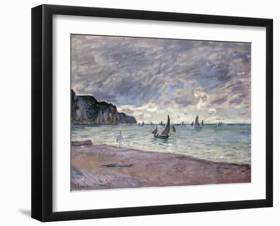 Fishing Boats in Front of the Beach and Cliffs of Pourville, 1882-Claude Monet-Framed Giclee Print