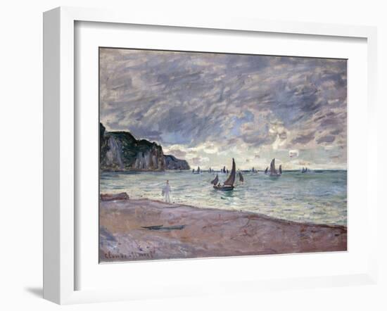 Fishing Boats in Front of the Beach and Cliffs of Pourville, 1882-Claude Monet-Framed Giclee Print