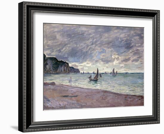 Fishing Boats in Front of the Beach and Cliffs of Pourville, 1882-Claude Monet-Framed Giclee Print