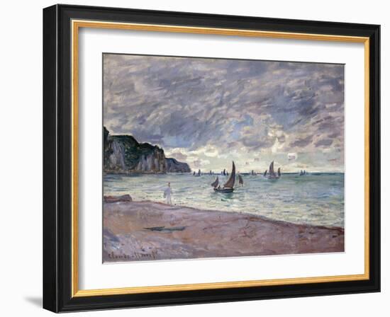 Fishing Boats in Front of the Beach and Cliffs of Pourville, 1882-Claude Monet-Framed Giclee Print