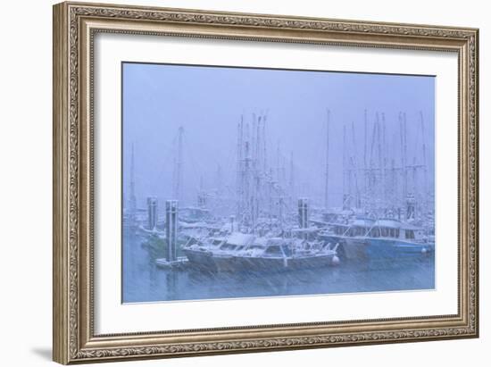 Fishing Boats In Harbour During a Blizzard-David Nunuk-Framed Photographic Print