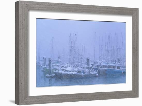 Fishing Boats In Harbour During a Blizzard-David Nunuk-Framed Photographic Print