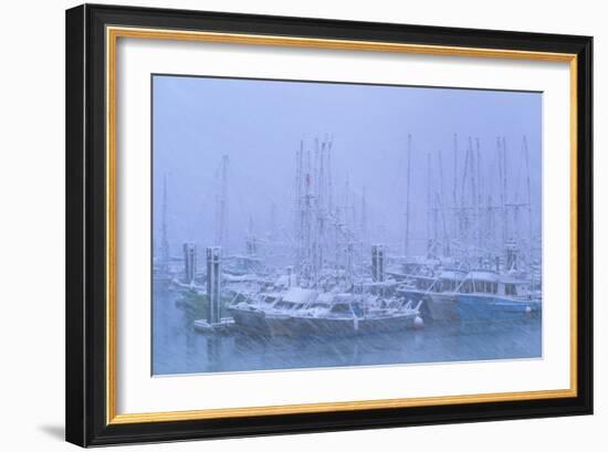 Fishing Boats In Harbour During a Blizzard-David Nunuk-Framed Photographic Print