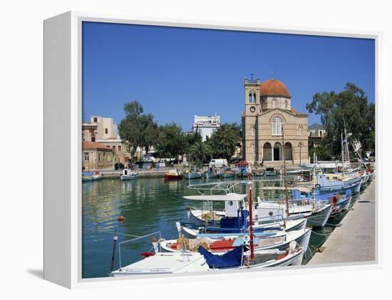 Fishing Boats Moored in Harbour and Domed Church, Aegina Town, Aegina, Saronic Islands, Greece-Lightfoot Jeremy-Framed Premier Image Canvas