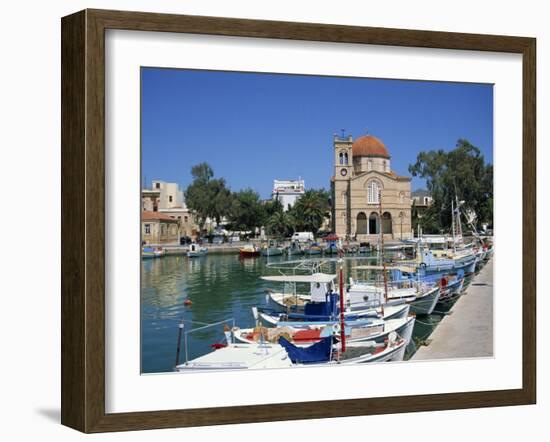 Fishing Boats Moored in Harbour and Domed Church, Aegina Town, Aegina, Saronic Islands, Greece-Lightfoot Jeremy-Framed Photographic Print