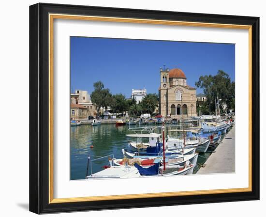 Fishing Boats Moored in Harbour and Domed Church, Aegina Town, Aegina, Saronic Islands, Greece-Lightfoot Jeremy-Framed Photographic Print