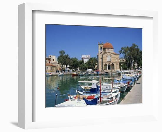 Fishing Boats Moored in Harbour and Domed Church, Aegina Town, Aegina, Saronic Islands, Greece-Lightfoot Jeremy-Framed Photographic Print