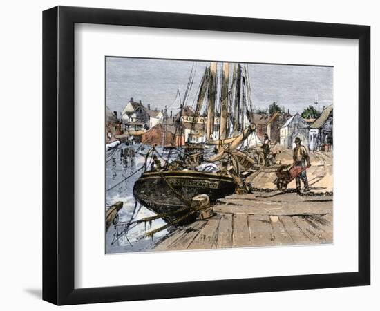 Fishing Boats Mooring at the Wooden Wharf at Central Wharf, Princetown, Massachusetts, circa 1890.-null-Framed Giclee Print