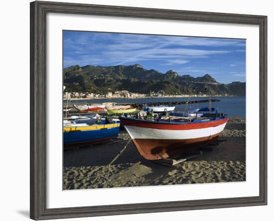 Fishing Boats on Beach, Giardini Naxos, Sicily, Italy, Mediterranean, Europe-Stuart Black-Framed Photographic Print