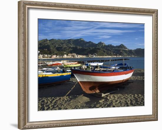 Fishing Boats on Beach, Giardini Naxos, Sicily, Italy, Mediterranean, Europe-Stuart Black-Framed Photographic Print