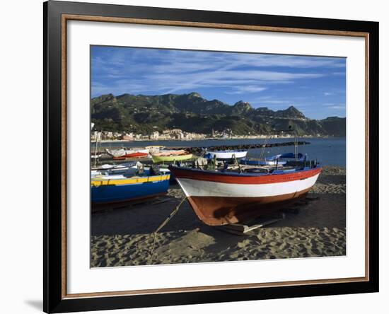 Fishing Boats on Beach, Giardini Naxos, Sicily, Italy, Mediterranean, Europe-Stuart Black-Framed Photographic Print