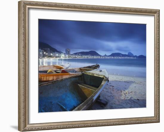 Fishing Boats on Copacabana Beach at Dusk, Rio De Janeiro, Brazil-Ian Trower-Framed Photographic Print