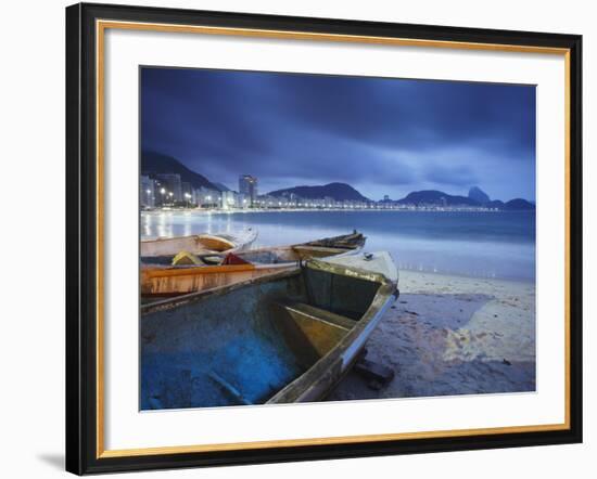 Fishing Boats on Copacabana Beach at Dusk, Rio De Janeiro, Brazil-Ian Trower-Framed Photographic Print