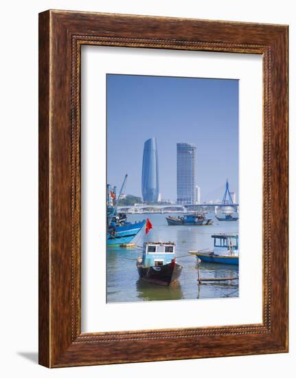 Fishing Boats on Song River and City Skyline, Da Nang, Vietnam, Indochina, Southeast Asia, Asia-Ian Trower-Framed Photographic Print