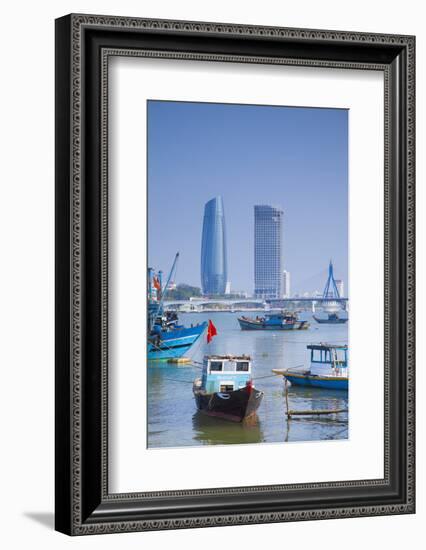 Fishing Boats on Song River and City Skyline, Da Nang, Vietnam, Indochina, Southeast Asia, Asia-Ian Trower-Framed Photographic Print