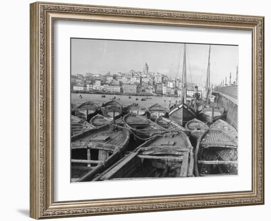 Fishing Boats Tied Up in the Golden Horn Looking Toward Galata Tower and the City-Margaret Bourke-White-Framed Photographic Print