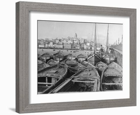 Fishing Boats Tied Up in the Golden Horn Looking Toward Galata Tower and the City-Margaret Bourke-White-Framed Photographic Print