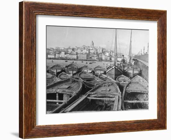 Fishing Boats Tied Up in the Golden Horn Looking Toward Galata Tower and the City-Margaret Bourke-White-Framed Photographic Print