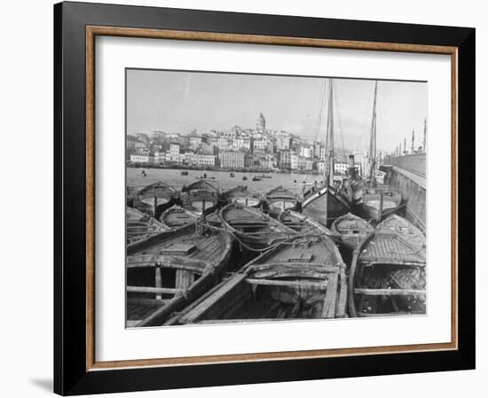 Fishing Boats Tied Up in the Golden Horn Looking Toward Galata Tower and the City-Margaret Bourke-White-Framed Photographic Print