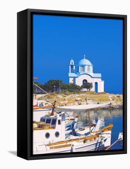 Fishing Boats with a Chapel in Background, Chios Island, Greek Islands, Greece, Europe-Sakis Papadopoulos-Framed Premier Image Canvas