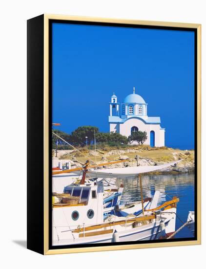 Fishing Boats with a Chapel in Background, Chios Island, Greek Islands, Greece, Europe-Sakis Papadopoulos-Framed Premier Image Canvas