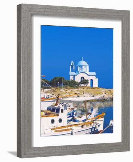 Fishing Boats with a Chapel in Background, Chios Island, Greek Islands, Greece, Europe-Sakis Papadopoulos-Framed Photographic Print